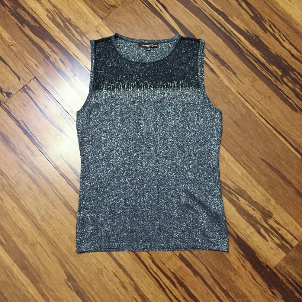 ADRIENNE VITTADINI Black silver bead sleeveless holiday festive top L